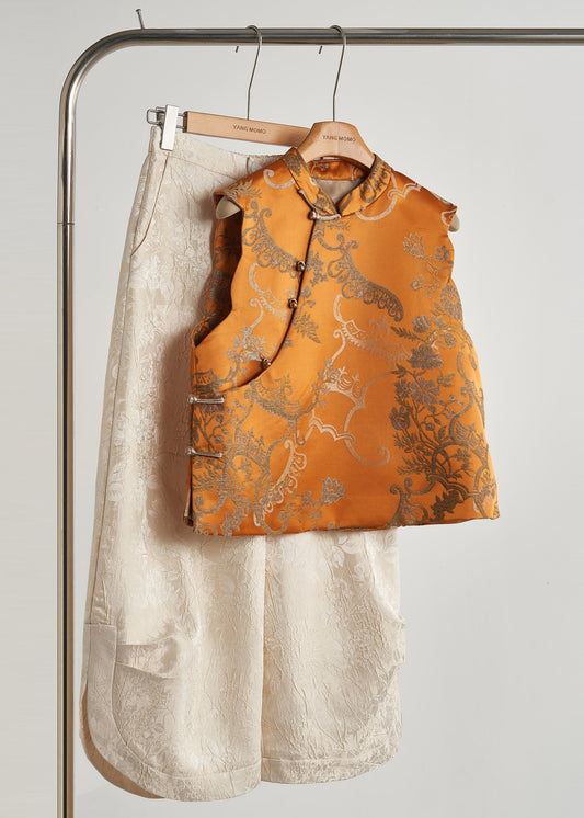 Women's Silk Jacquard Vest Gold With Chinese Buttons - OutfitLondon