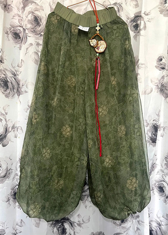 Women's Tulle Shorts Elastic Waist Green Vintage Print - OutfitLondon