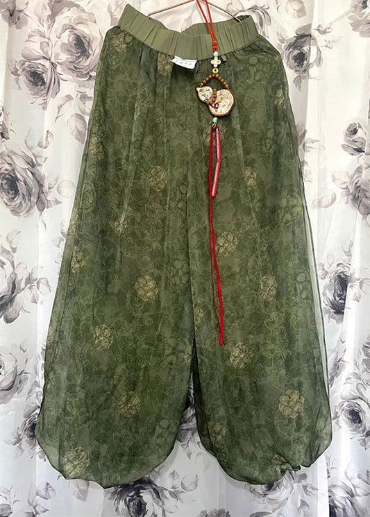 Women's Tulle Shorts Elastic Waist Green Vintage Print - OutfitLondon