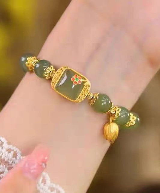 Women's Sterling Silver Jade Lotus Charm Bracelet Gold Accents - OutfitLondon