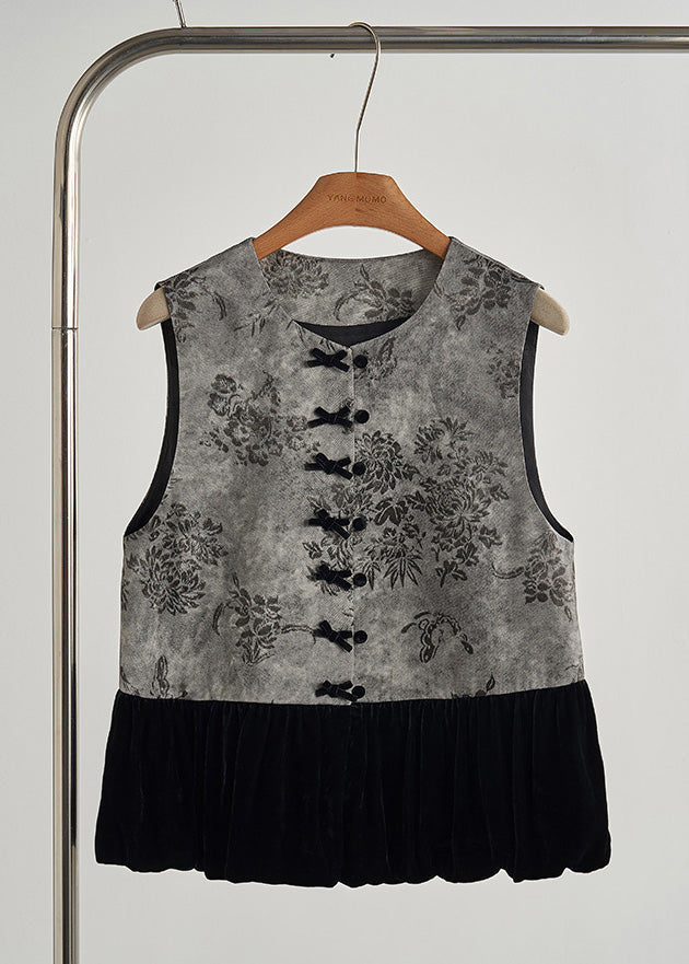 Women's Velvet Vest Silk Patchwork Gray - OutfitLondon