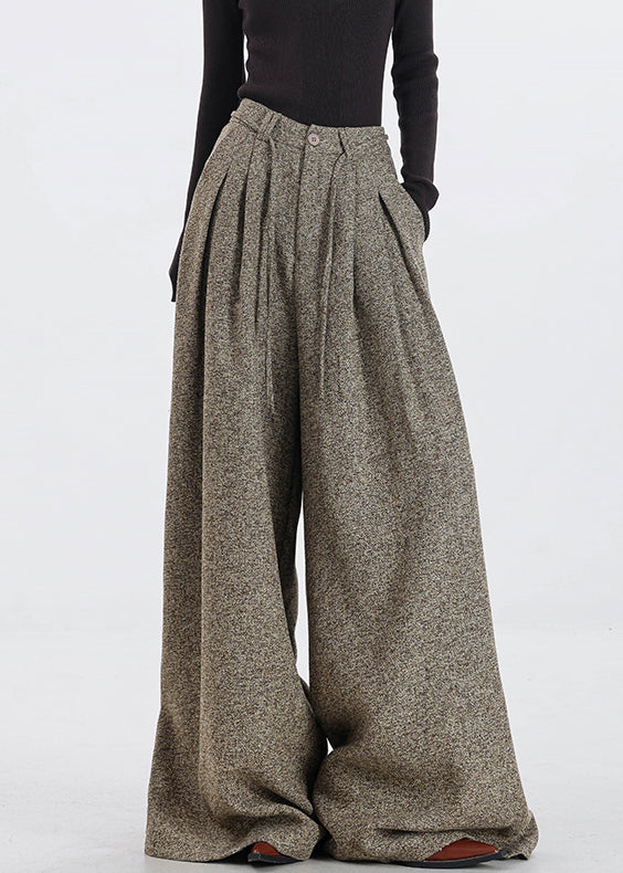 Women's High Waisted Wool Trousers Khaki With Pockets - OutfitLondon