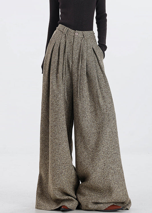 Women's High Waisted Wool Trousers Khaki With Pockets - OutfitLondon
