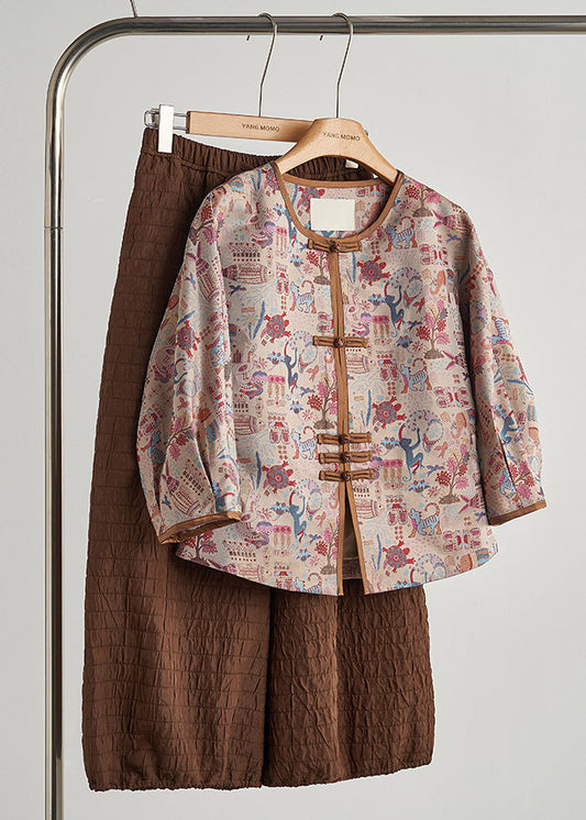 Women's Cotton Jacket Khaki Print With Buttons - OutfitLondon