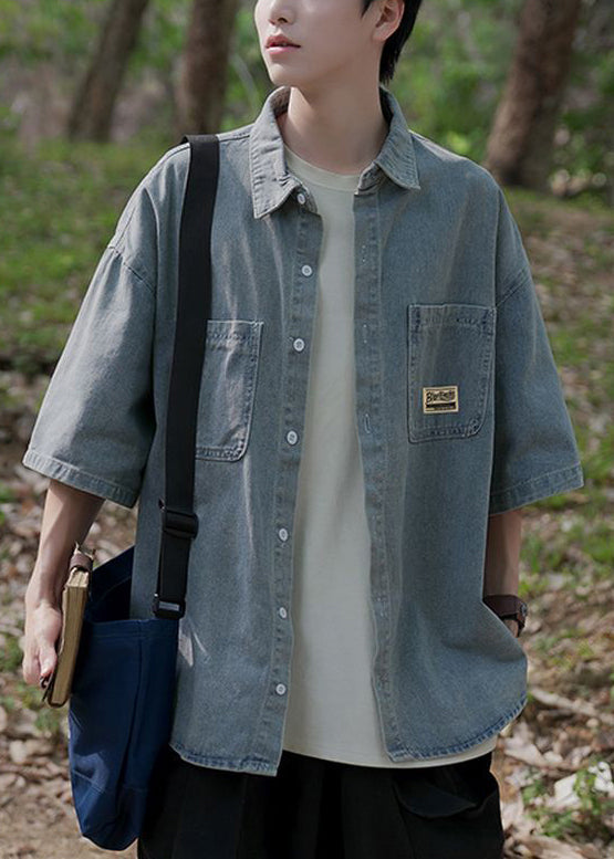 Men's Vintage Denim Shirt Light Blue Peter Pan Collar - OutfitLondon