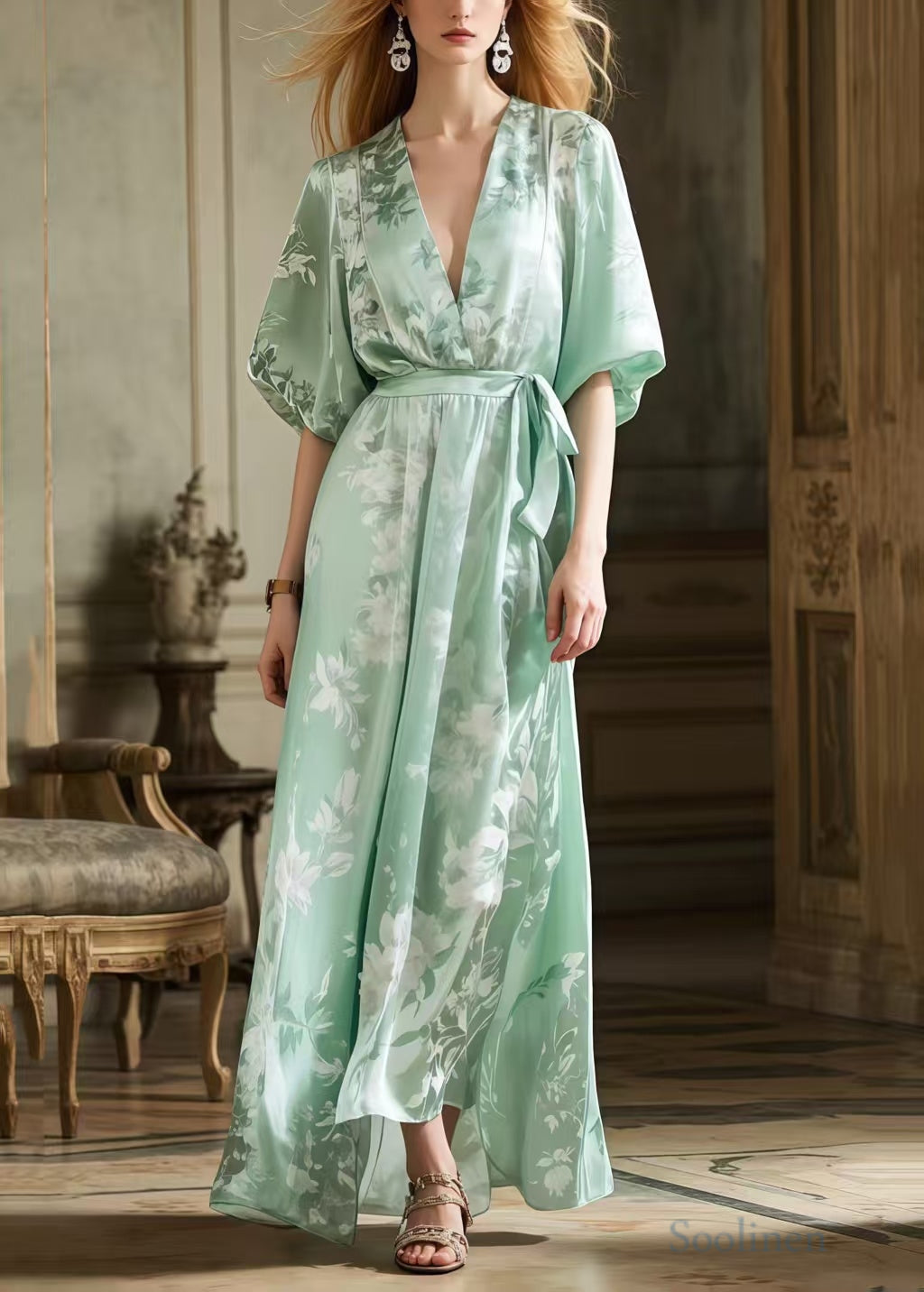 Women's Silk Maxi Dress Vintage Printed Light Green - OutfitLondon