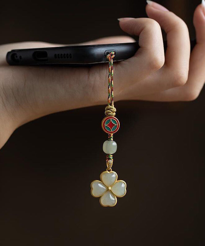 Sterling Silver Phone Chain Multicolor Jade Four Leaf Clover - OutfitLondon