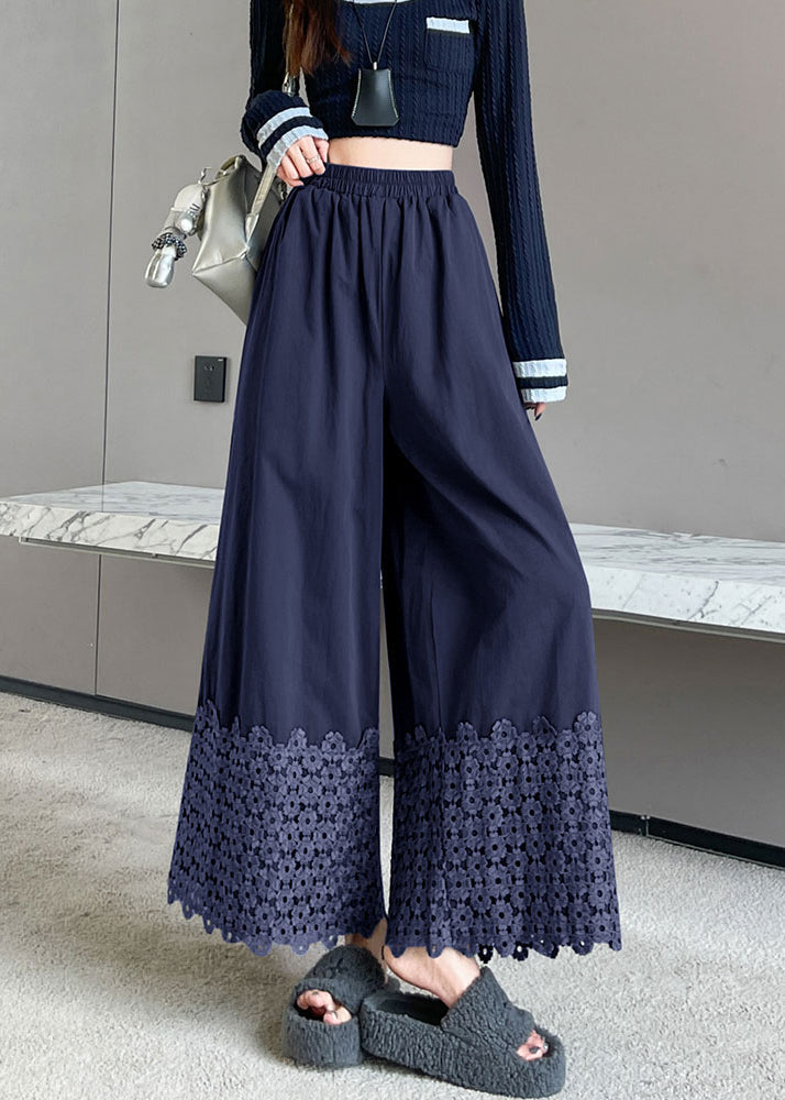 Women's Cotton Shorts Floral Embroidery Navy Elastic Waist - OutfitLondon
