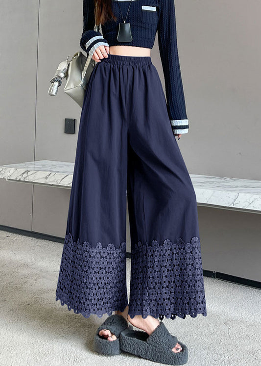 Women's Cotton Shorts Floral Embroidery Navy Elastic Waist - OutfitLondon