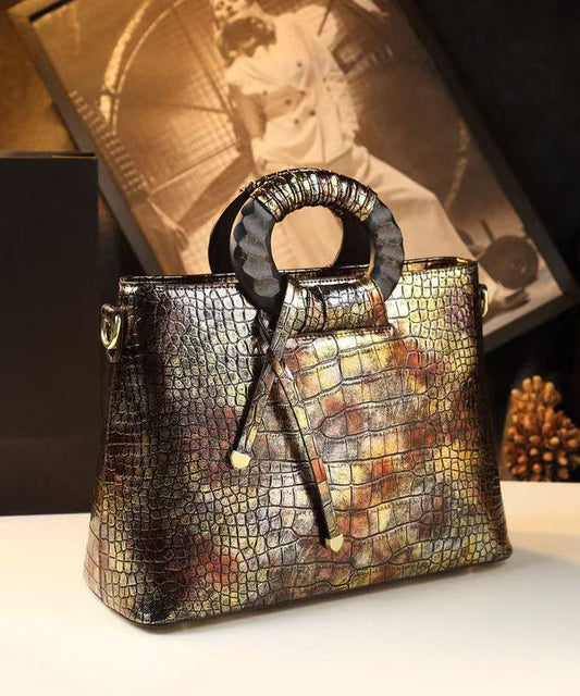 Women's Embossed Calf Leather Handbag Brown - OutfitLondon