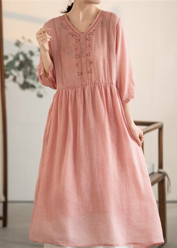 Women's Linen Patchwork Dress Soft Pink V Neck Breathable - OutfitLondon