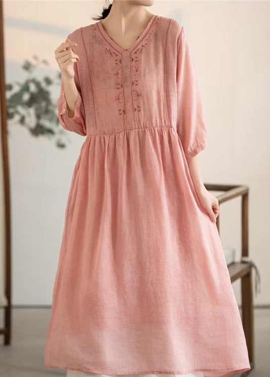 Women's Linen Patchwork Dress Soft Pink V Neck Breathable - OutfitLondon