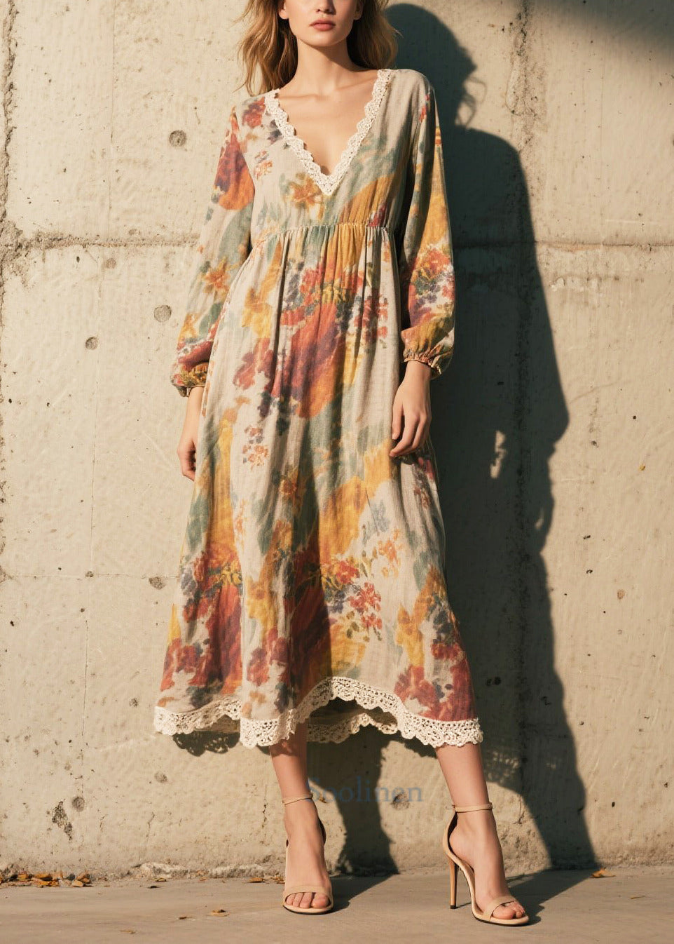 Women's Cotton Patchwork Maxi Dress Vintage Autumn Print - OutfitLondon