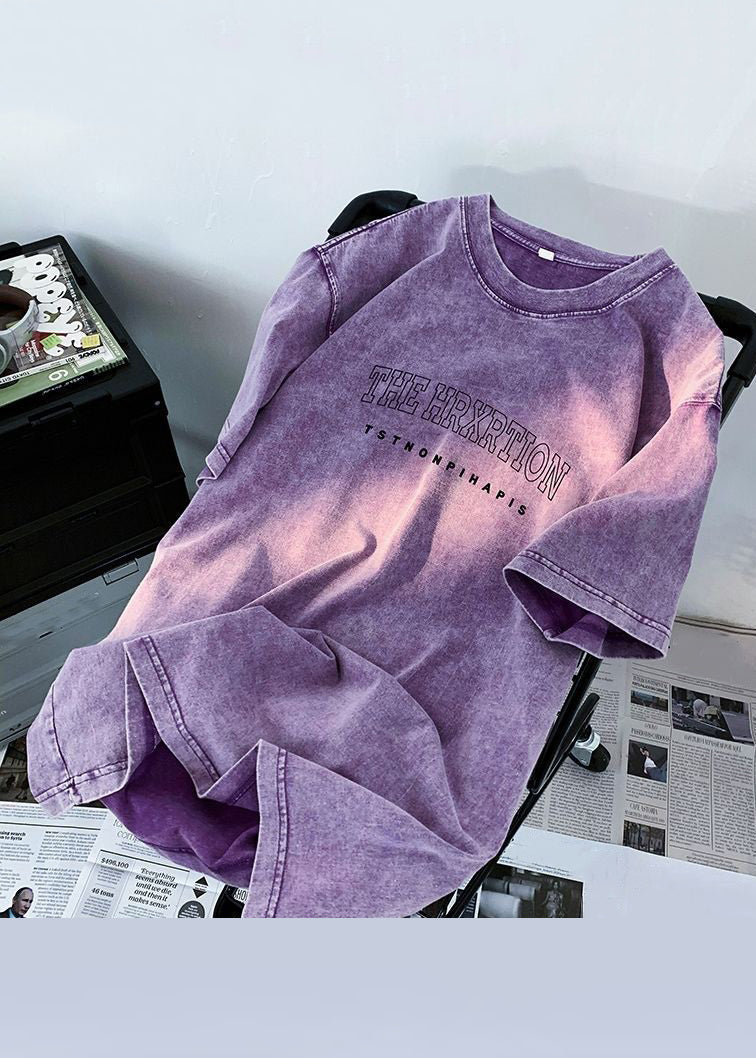 Mens Vintage Cotton T Shirt Breathable Purple Print - OutfitLondon