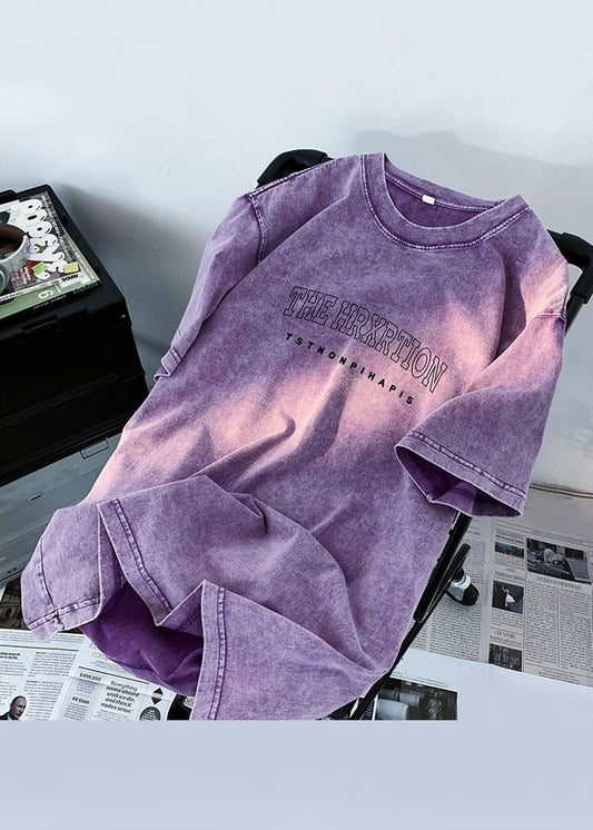 Mens Vintage Cotton T Shirt Breathable Purple Print - OutfitLondon
