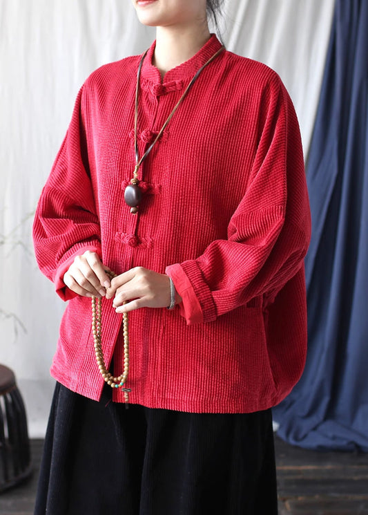 Women's Vintage Corduroy Jacket Red With Button Pockets - OutfitLondon