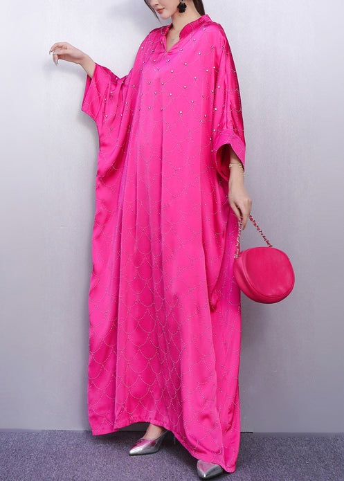 Women's Silk Rose Print Dress Batwing Sleeves - OutfitLondon