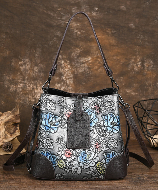 London Vintage Leather Messenger Bag Crossbody Silver Floral - OutfitLondon