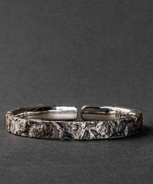 Mens Sterling Silver Cuff Bracelet Rock Motif 8 Inch - OutfitLondon