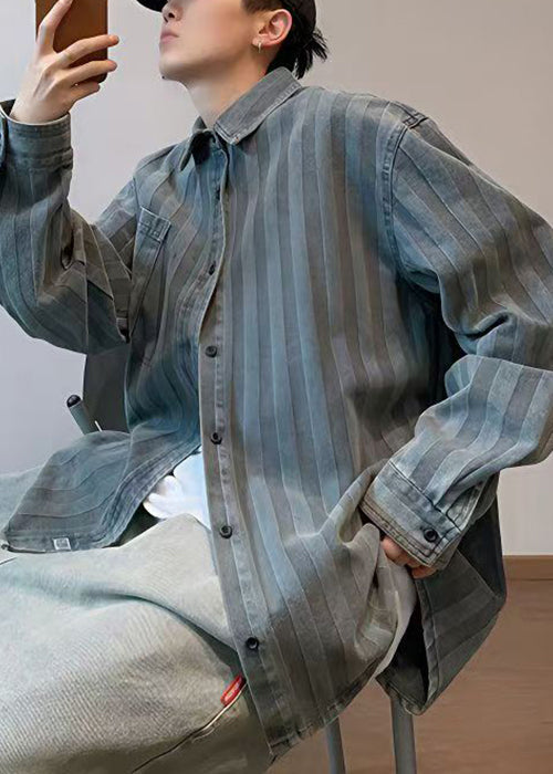 Men's Striped Denim Shirt Relaxed Fit Peter Pan Collar - OutfitLondon