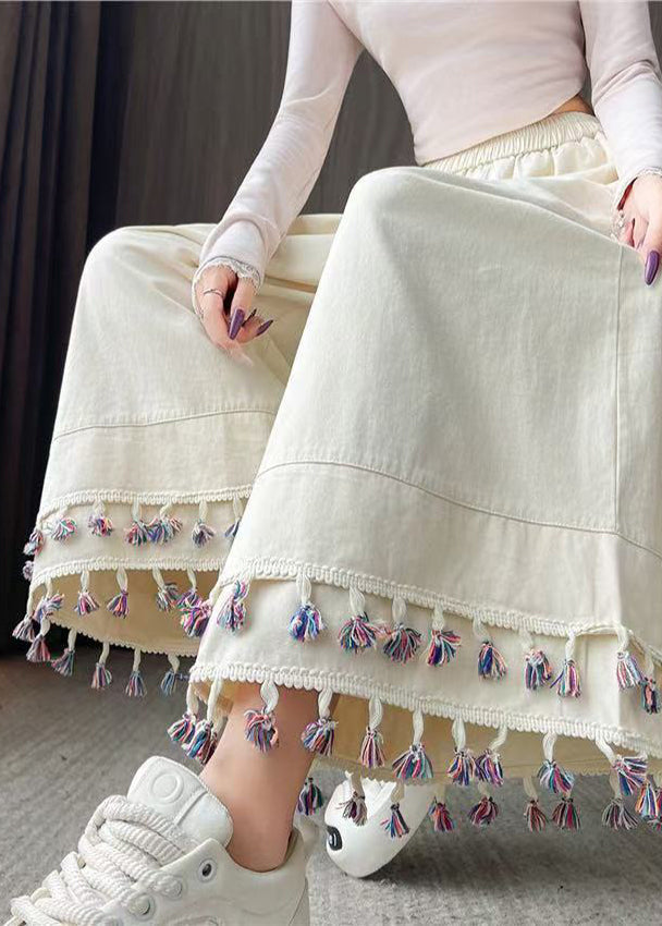 Women's Cotton Patchwork Shorts White Boho Fringe - OutfitLondon