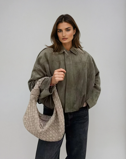 Trendy Oversized Faux Suede Bomber Jacket for Women