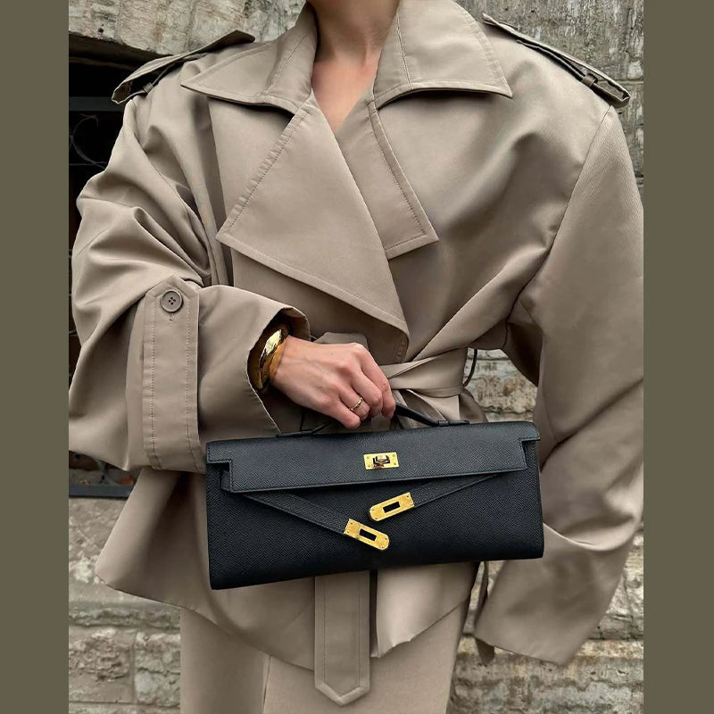 Classic Women's Short Trench Coat - Elegant Notch Collar Jacket - OutfitLondon