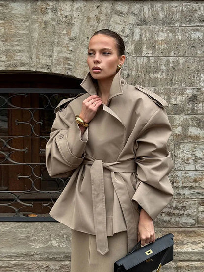 Classic Women's Short Trench Coat - Elegant Notch Collar Jacket