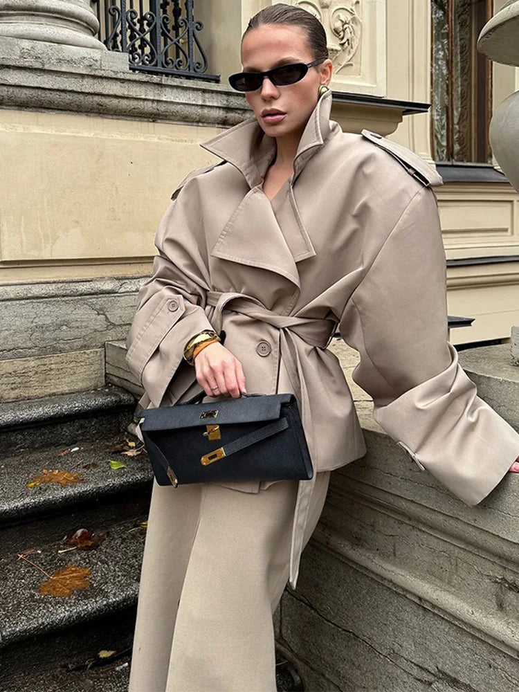Classic Women's Short Trench Coat - Elegant Notch Collar Jacket