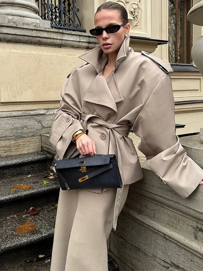 Classic Women's Short Trench Coat - Elegant Notch Collar Jacket