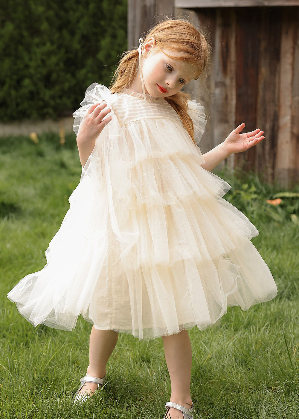 Girls Sleeveless Maxi Dress Apricot Tulle Round Neck - OutfitLondon