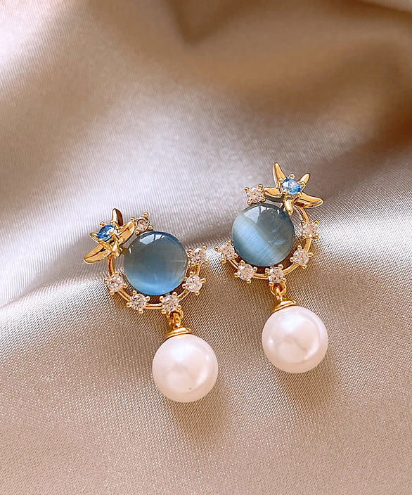 Women's Cat Eye Earrings Pearl Blue Zircon Gold Plated Drops - OutfitLondon
