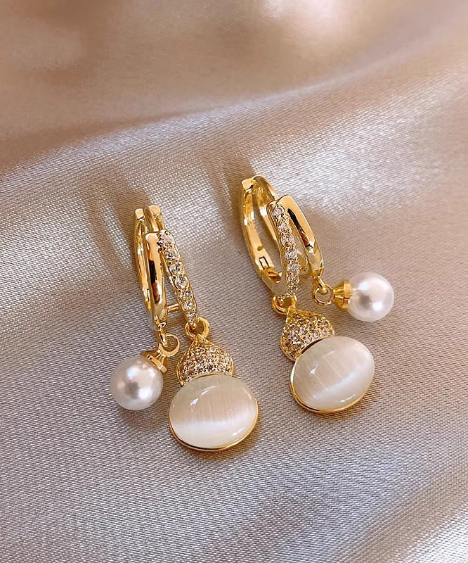 Women's Gold Copper Earrings Cat Eye Zircon Pearl - OutfitLondon