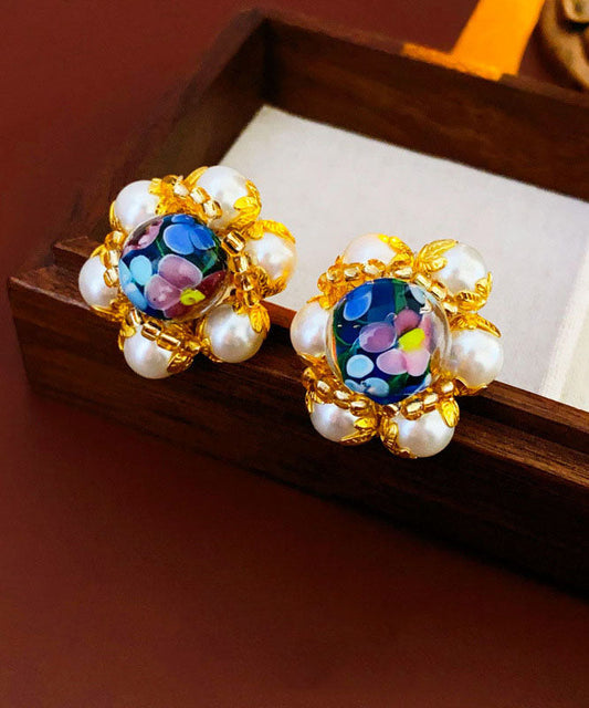 Gold Copper Pearl Stud Earrings Enamelled Floral Design - OutfitLondon