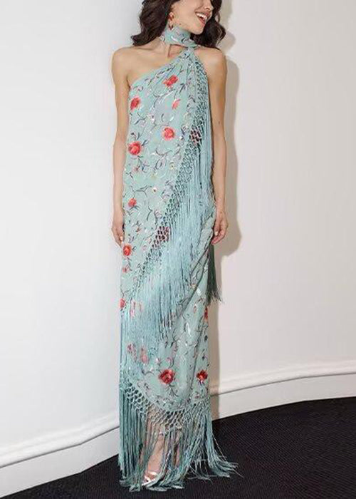 Women's Cotton Maxi Dress Asymmetrical Sleeveless Green Pom Pom Print - OutfitLondon
