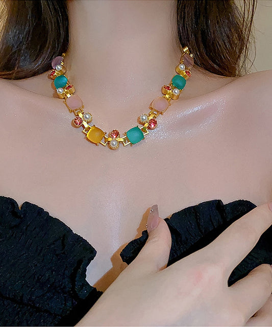 Women's Copper Necklace Sparkling Zircons Square Pearls - OutfitLondon