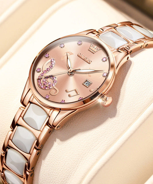 Women's Stainless Steel Ceramic Watch Waterproof Rose Gold - OutfitLondon