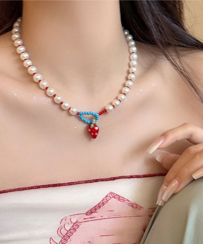 Women's Resin Pendant Necklace White Strawberry Delicate 45cm - OutfitLondon