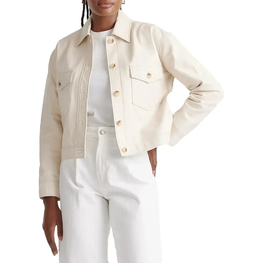 Women's Leather Cropped Jacket Cream - OutfitLondon
