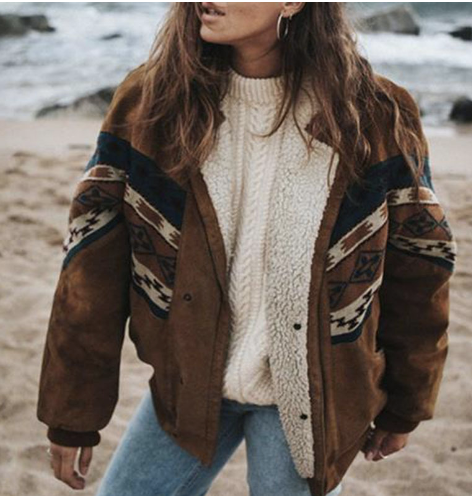 Giselle | Ladies Vintage Suede Coat with Tribal Design - OutfitLondon