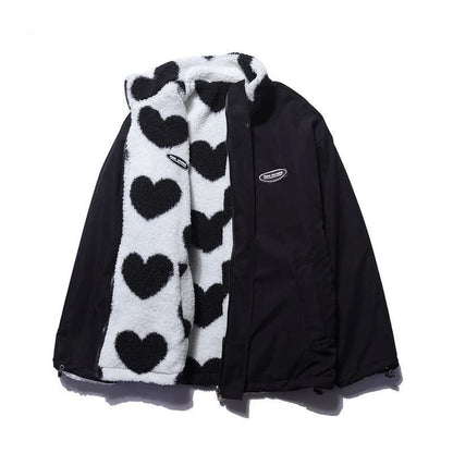 Warm Women's Parka Coat with Fleece and Heart Pattern