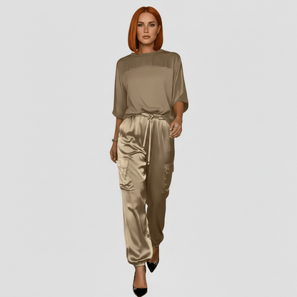 Comfortable Satin Top and Loose Fit Pants Set - OutfitLondon