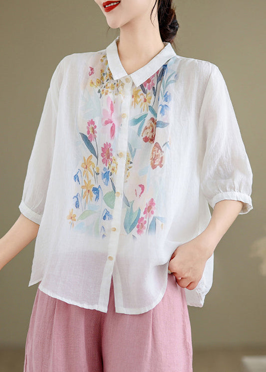 Women's Linen Blouse Peter Pan Collar Breathable White - OutfitLondon
