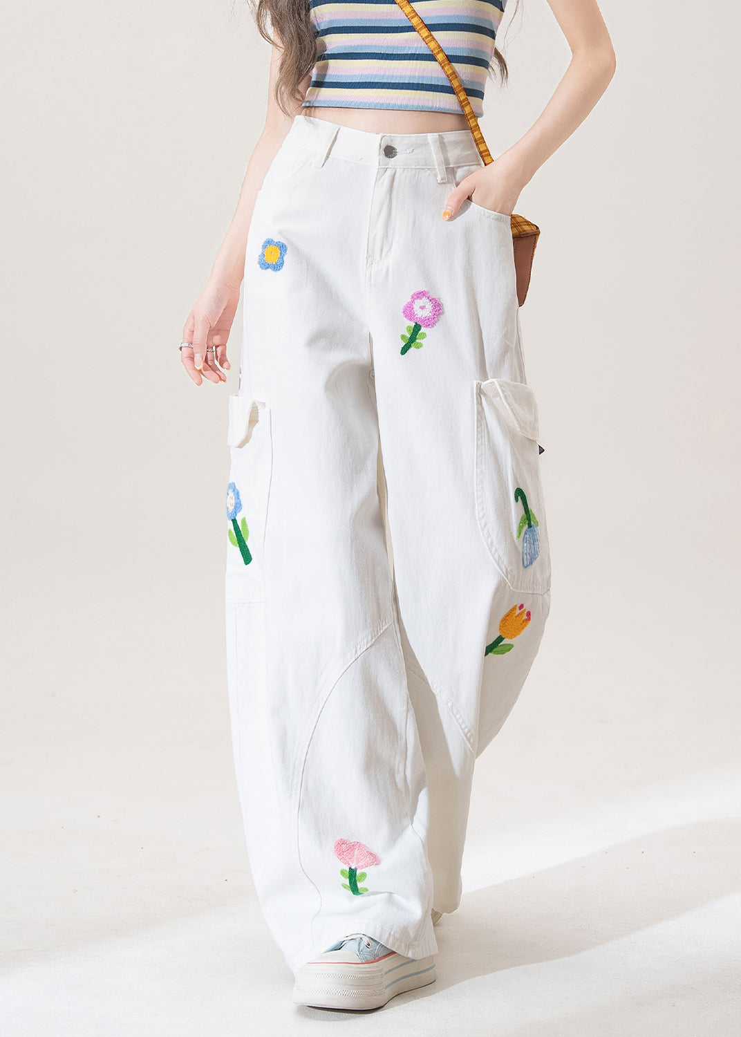 Women's High Waisted Jeans White Floral Denim - OutfitLondon