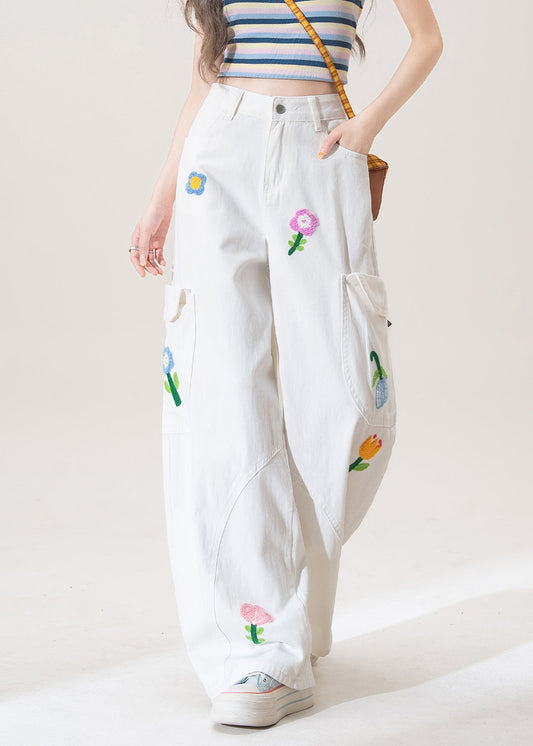 Women's High Waisted Jeans White Floral Denim - OutfitLondon