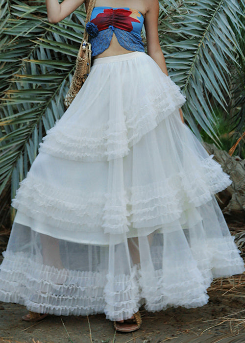 Women's White Flowy Maxi Skirt Tulle Ruffles Elastic Waist - OutfitLondon