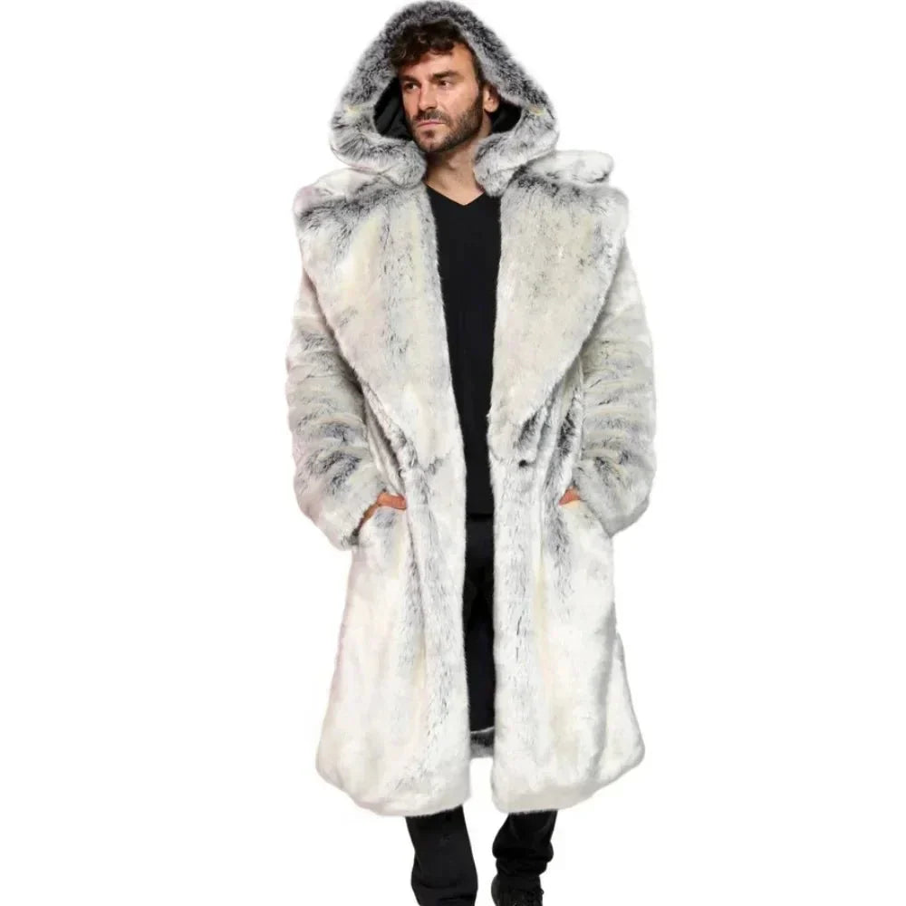 Mens Chinchilla Fur Hooded Long Coat