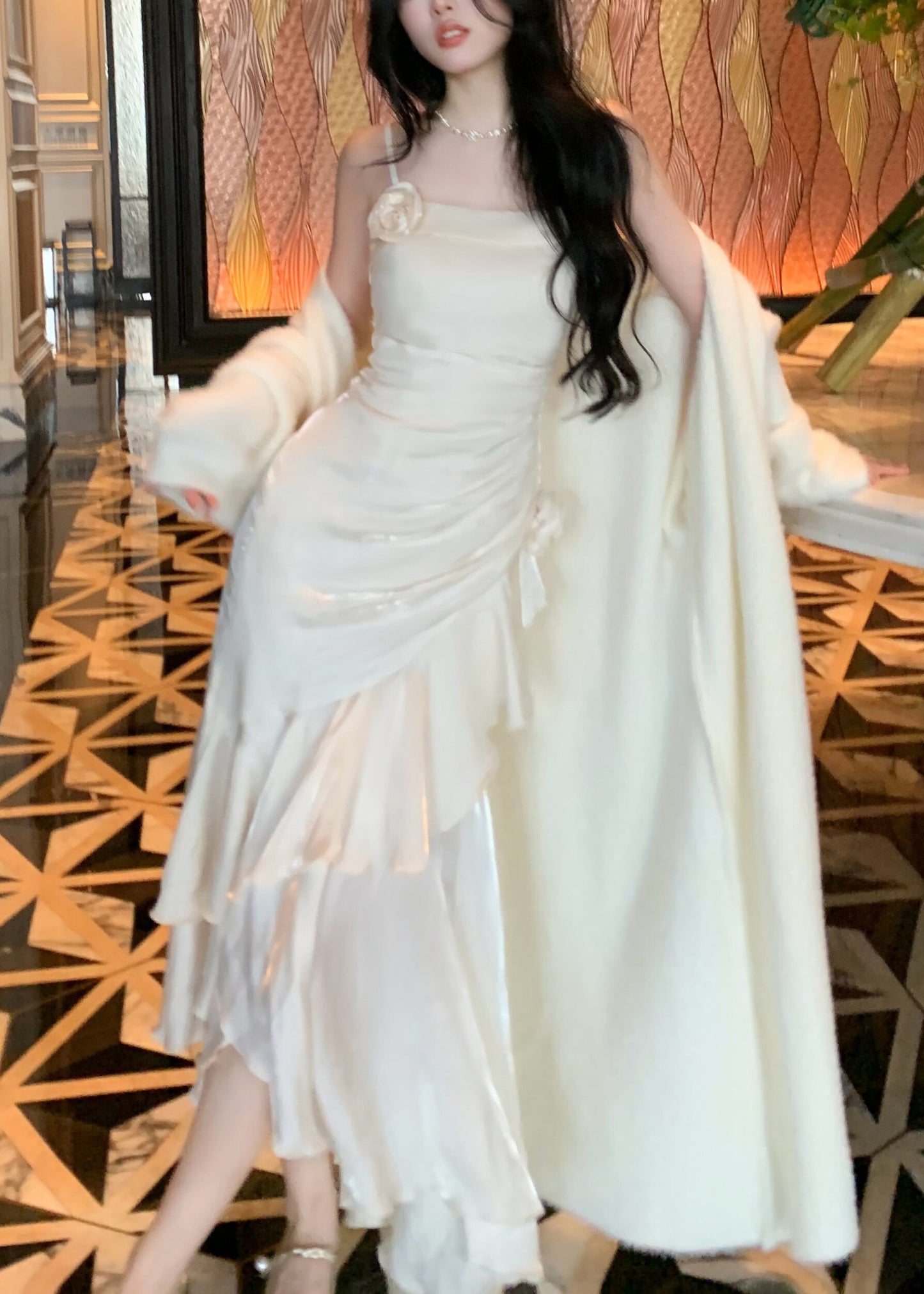 Women's White Silk Evening Dress High Waist Cascading Ruffles - OutfitLondon