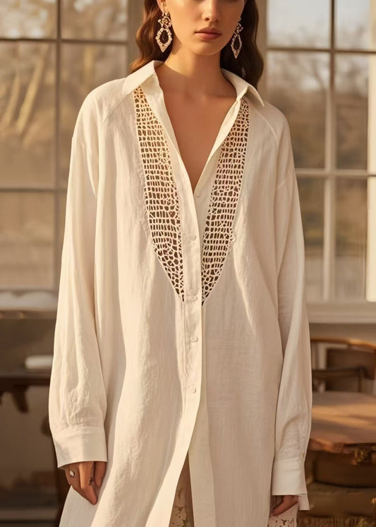 Women's Cotton Shirt Dress White Oversized Crochet Detail - OutfitLondon