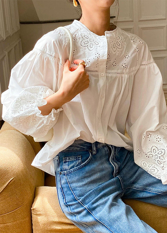 Women's White Cotton Blouse Embroidered Butterfly Sleeves - OutfitLondon